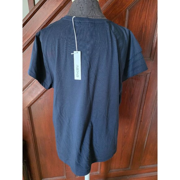Chicos Navy Fluuter Cap Date Night Tee Ruffled Short Sleeve Top Size XL NWT - Picture 3 of 8